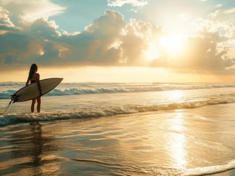 female-surfer-sunset-ocean-surfboard
